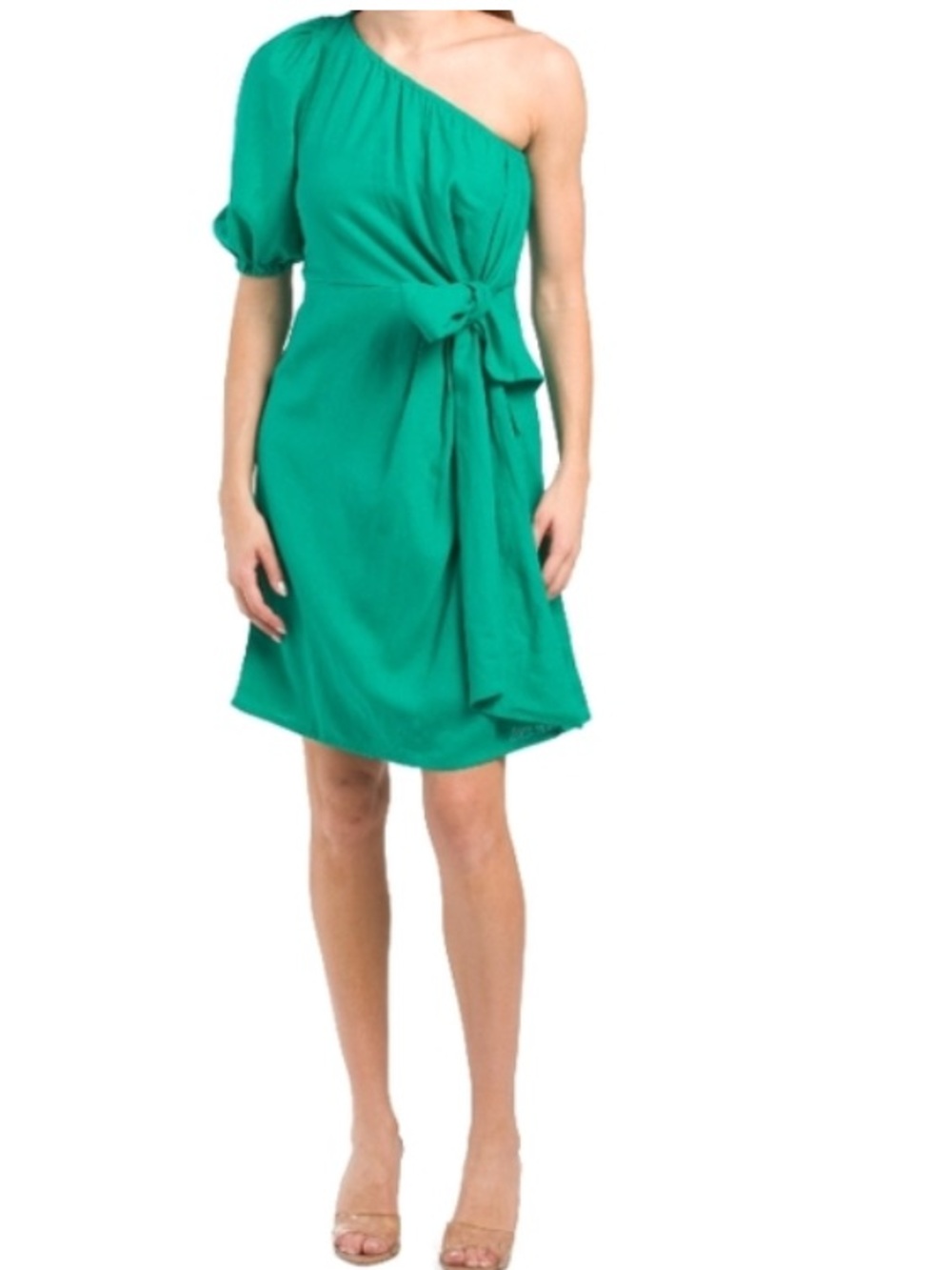 For Cynthia Emerald One-Shoulder Puff Sleeve Dress
